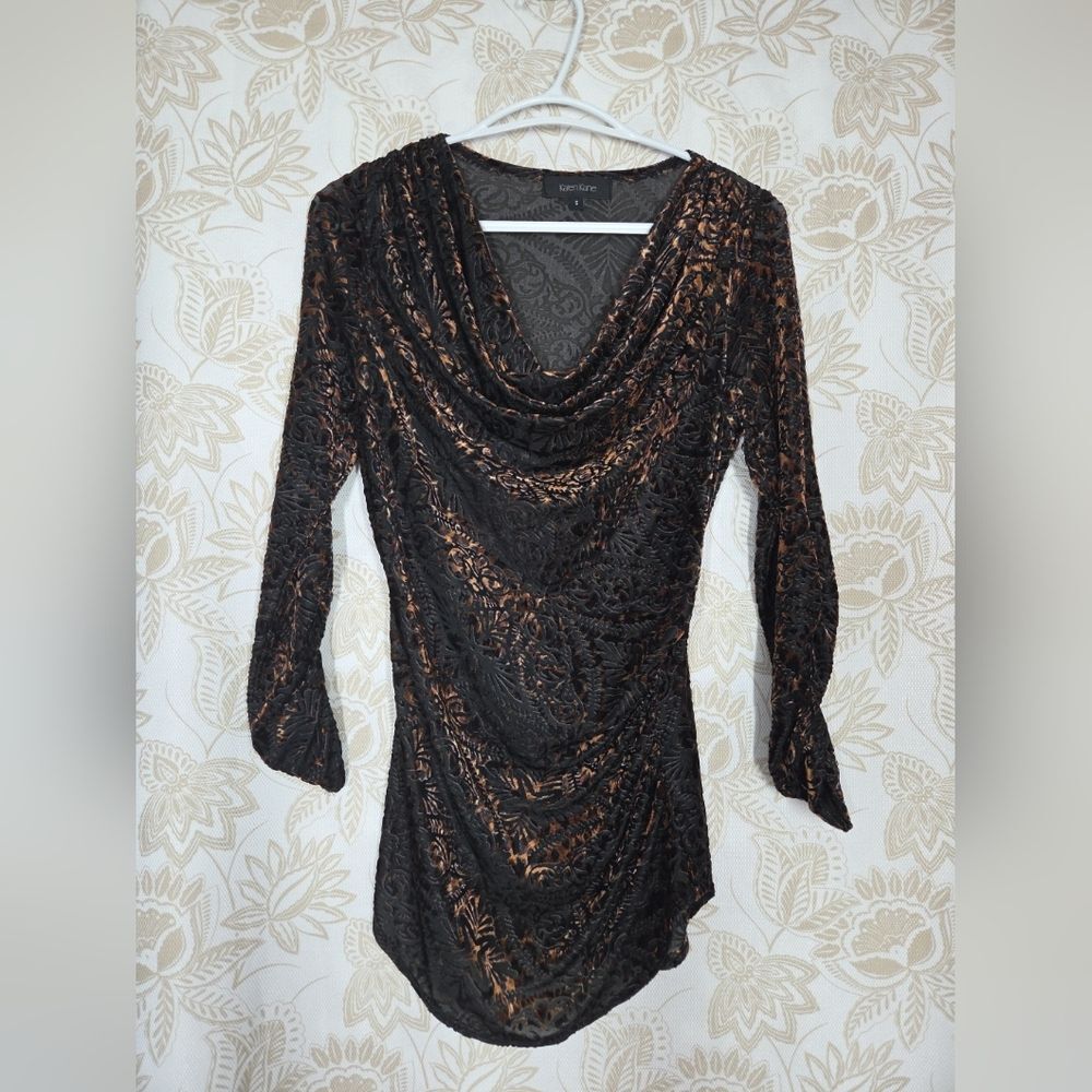 KAREN KANE BURN OUT SHEER VELVET PAISLEY COWL NECK TOP DARK FAIRY WHIMSY GOTH